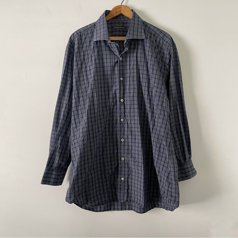 Peter Millar Navy Blue and Gray Plaid Cotton Button Down Long Sleeve Shirt XL